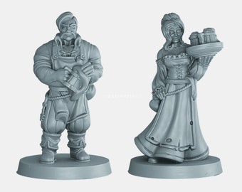 May include: Two painted figurines of a man and a woman, both wearing medieval clothing. The man is holding a tankard and the woman is holding a tray with mugs.