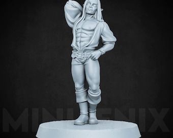 May include: A gray, unpainted miniature figurine of a male elf with long hair, wearing a shirt and pants. The elf is standing with one hand on his hip and the other arm raised, holding a piece of fabric. The figurine is standing on a round base.