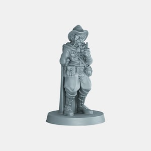 May include: A grey miniature figurine of a man wearing a hat, a long coat, and holding a walking stick. He has a beard and moustache and is wearing glasses. The figurine is standing on a round base.