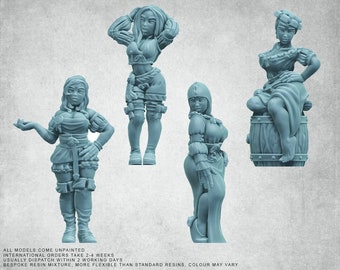 May include: Four unpainted miniature figurines of women in various poses. The figurines are made of a light blue resin and are detailed with clothing and accessories.