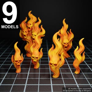 May include: Nine flame-shaped models with skull faces in shades of orange and yellow. The models are sculpted with detailed textures, and the text "9 MODELS" is in the upper left corner. The models are unpainted.