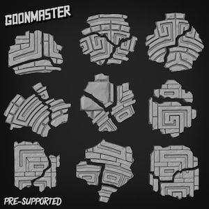 May include: A set of nine pre-supported 3D printed broken stone tiles with a geometric pattern. The tiles are designed for tabletop gaming and role-playing games. The tiles are grey and have a rough texture.