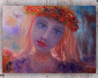 mermaid art purple folk girl modern home decor flower wreath dark OOAK wall gift men spirit companion original oil painting on canvas й8