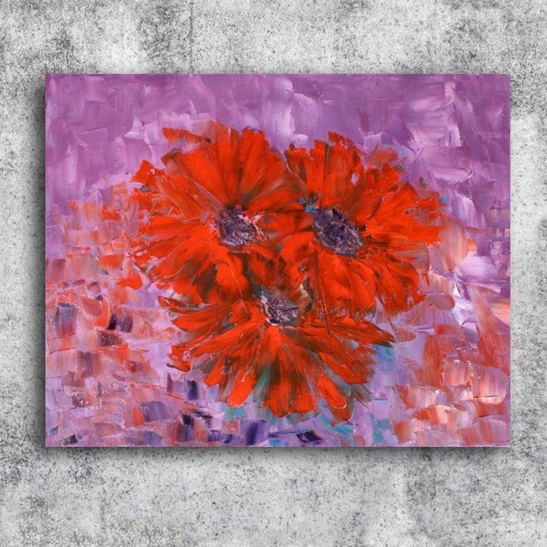 Red Camomile Bright And Original Oil Painting Mosaic Art Bedroom Wall Decor Expressionism Marguerites Red Purple Mother Gift For Grandmother