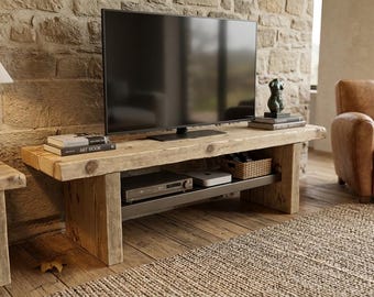 Meuble télé / tv, en bois et acier / inox, double plateau