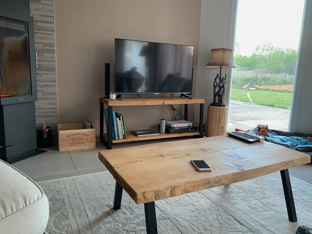 Meuble Télé/Tv, en Bois et Acier, Design Épuré Contemporain, Ton Moyen Très Clair, Pieds Finition No