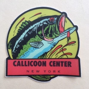 May include: A colorful sticker with a cartoon bass fish jumping out of the water. The sticker has the text "Callicoon Center, New York" on a red banner.