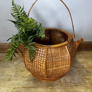 Vintage Woven Wood Teapot Shaped Basket/Planter