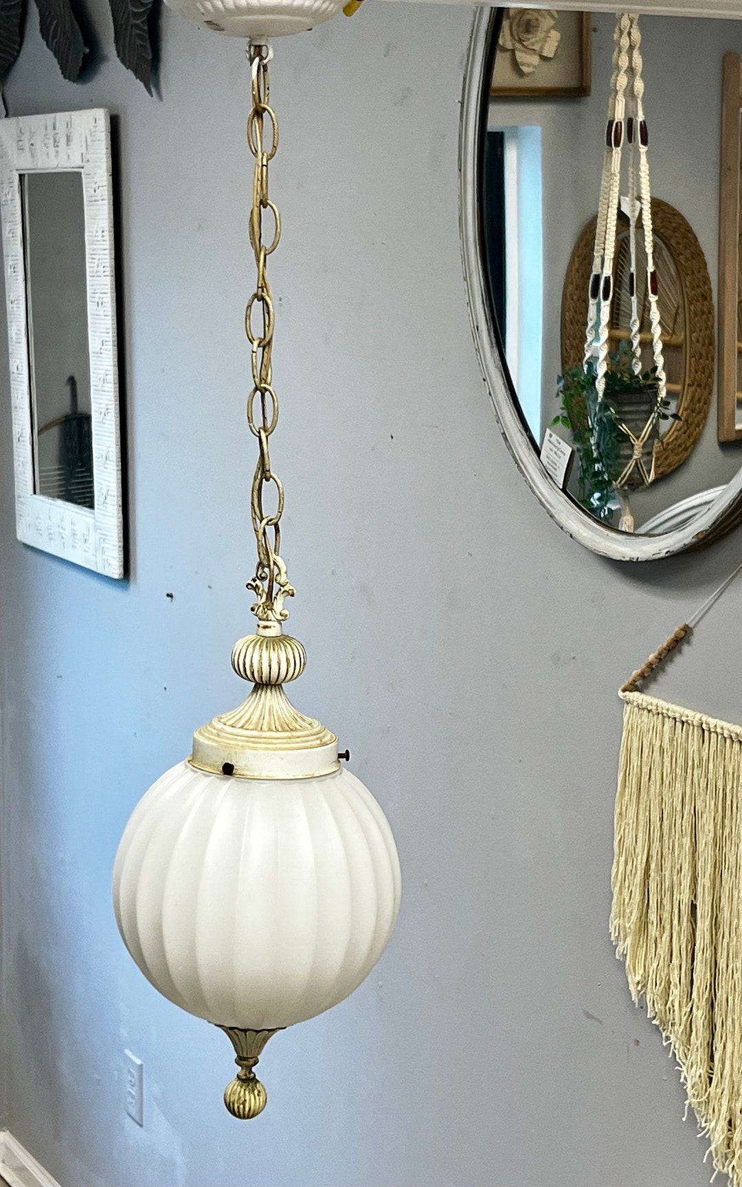 Vintage Mid Century Ribbed Globe Pendant Light - Etsy