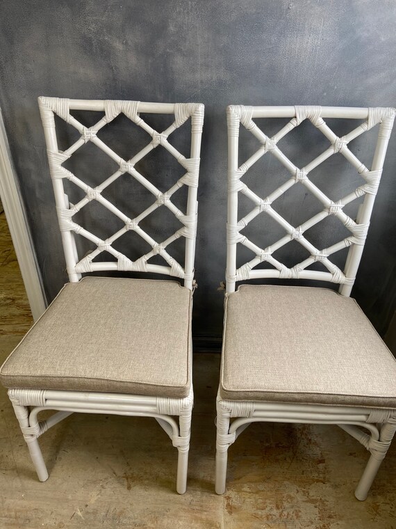 Pair of White Rattan Kitchen Chairs With Taupe Tie on Cushions Etsy