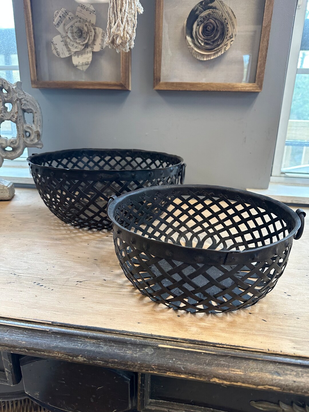 Set of Two Round Metal Woven Baskets Etsy