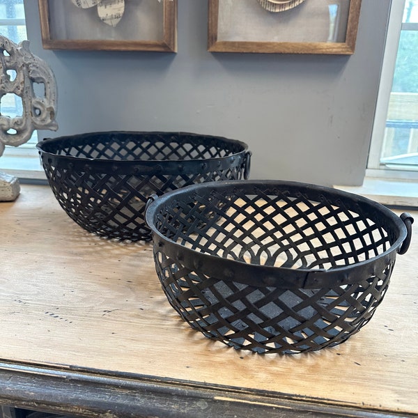 Set of Two Round Metal Woven Baskets