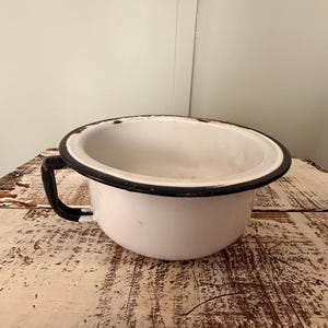 Vintage White Small Bowl with Handle, Black Rim Enamel Cooking Pot, Farmhouse Kitchen Decor, Rustic Camping Cookware, 7 1/2” Round Bowl