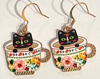 Black Cat in Flower Cup Dangle Earrings