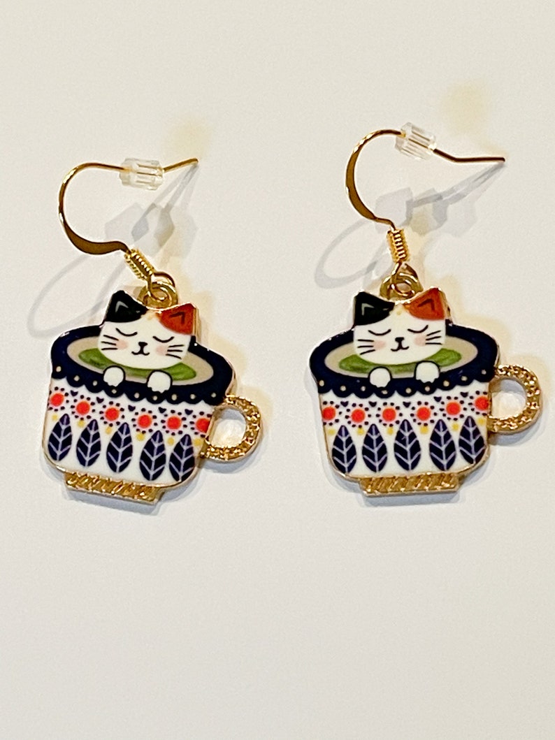 Calico Cat in Blue Teacup Dangle Earrings Etsy