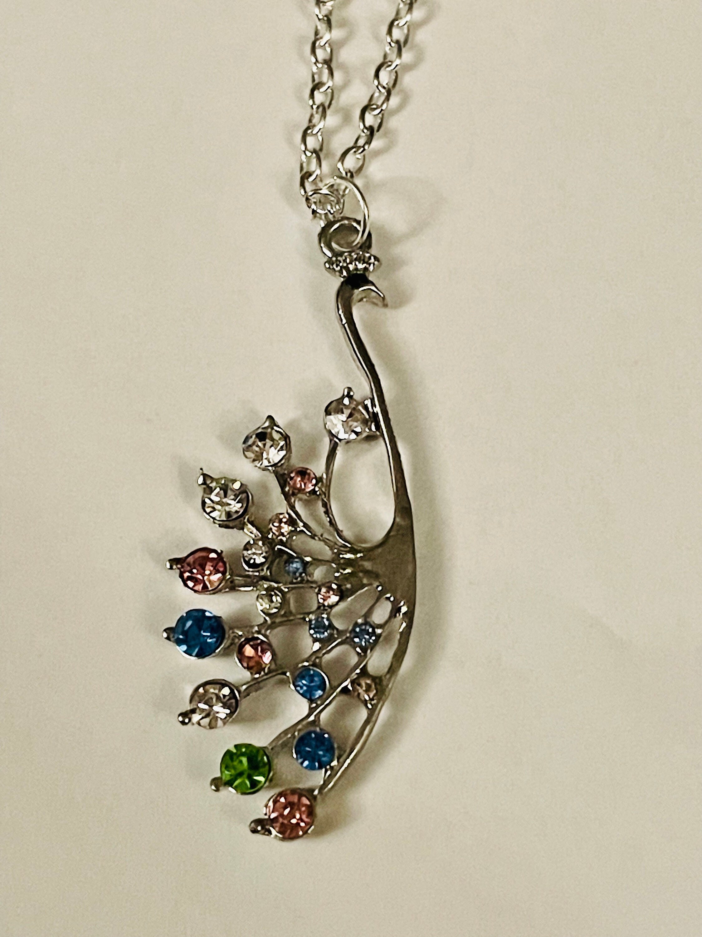 Rhinestone Jeweled Peacock Pendant on 18in Silver Cable Chain