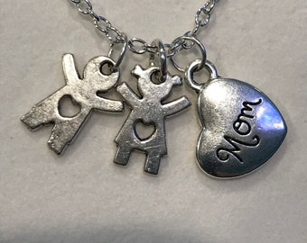 Mom Heart Charm & Little Children Charms Silver Necklace-Gift