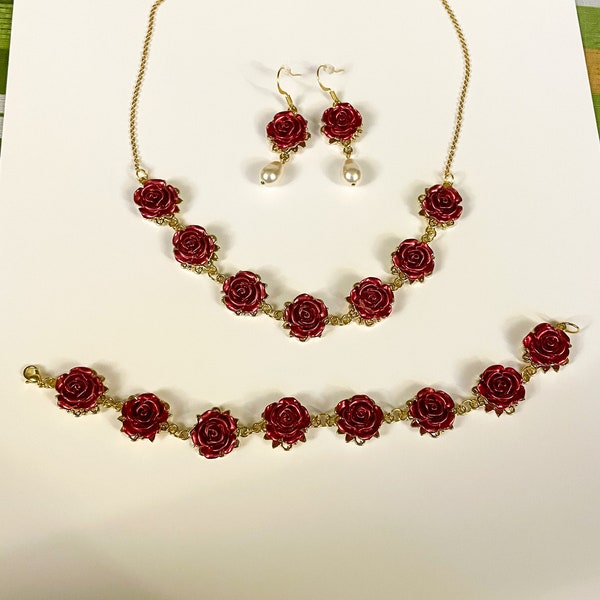 Dark Red Rose Jewelry Set