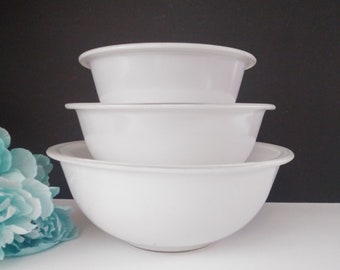 White Corning Mixing Bowl Set Glass See Thru Bottom Clear 3 Bowls Pyrex Corning LoVe