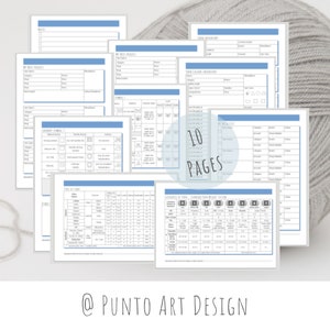 May include: A printable PDF document with 10 pages of yarn and knitting project trackers. The document includes sections for yarn inventory, color inventory, project details, and yarn care symbols. The document is titled "10 Pages" and has a blue and white color scheme.