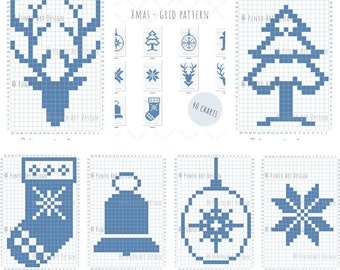 GRID PATTERN 40 CHARTS Christmas Design Mosaic crochet pattern C2C Graphgan Graph paper for knitting  Filet  tapestry  blanket Xmas reindeer