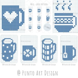 Puede incluir: Un conjunto de 32 diseños de tazas de pixel art para punto de cruz o bordado. Los diseños incluyen una variedad de tazas con diferentes patrones y diseños, incluyendo una taza con un copo de nieve, una taza con un corazón y una taza con una bolsita de té. Los diseños son todos en azul y blanco.