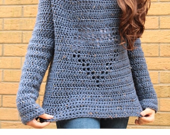 Heart Harmony Jumper Crochet Pattern Top-down design  Sweater Grid Chart Tunic Teen Woman Filet crochet Seamless Sleeves Round Yoke