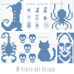 PATRÓN DE CUADRICULA 32 GRÁFICOS Diseño de Halloween Patrón de mosaico de ganchillo C2C Papel cuadriculado Graphgan para tejer Filet tapiz manta calavera