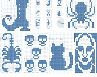 GRID PATTERN 32 CHARTS Halloween Design Mosaic crochet pattern C2C Graphgan Graph paper for knitting  Filet  tapestry  blanket skull