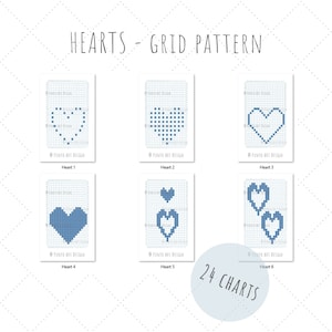 Pode incluir: Seis padrões de grade diferentes para crochetar corações. Cada padrão está em um fundo branco com linhas de grade azuis e um design de coração azul. O texto "HEARTS - GRID PATTERN" está no topo da imagem. O texto "24 CHARTS" está em um círculo na parte inferior da imagem.