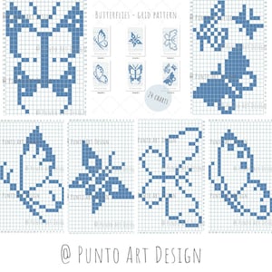 May include: A set of 24 cross-stitch charts featuring butterfly designs. The charts are printed on white paper with a grid pattern and blue lines. The title "Butterflies - Grid Pattern" is printed at the top of the page. The text "24 Charts" is printed below the title. The text "@Punto Art Design" is printed at the bottom of the page.
