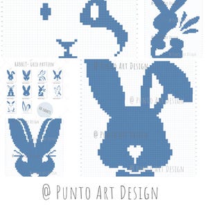 May include: A collection of blue pixelated rabbit designs on a grid, suitable for cross-stitch or other crafts. The image includes various rabbit silhouettes and the text "RABBIT- GRID PATTERN" and "40 CHARTS". The artist's name, "@ PUNTO ART DESIGN", is also visible.