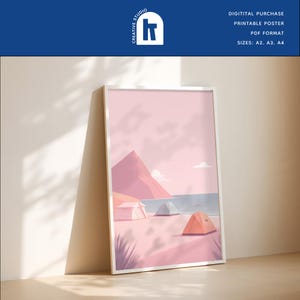 Poster minimalista sulla spiaggia – Toni tenui con tende e montagne – Download digitale