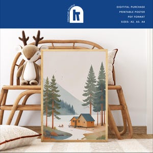 Friedliches Kinderzimmer Poster – Minimalistischer Wald mit Haus – Sanfte Töne – Digitaler Download