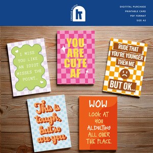 Funky Retro-Kartenset – Digitaler Download | Lustige A5 Karten mit Text | Druckbare Wandkunst und Postkarten (5 Stück)