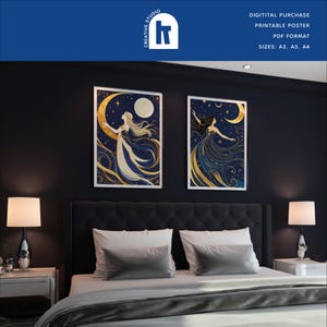 Sternenhimmel Frauen Poster Set – 2 elegante Nachtillustrationen mit Mond und Haaren – Digitaler Download