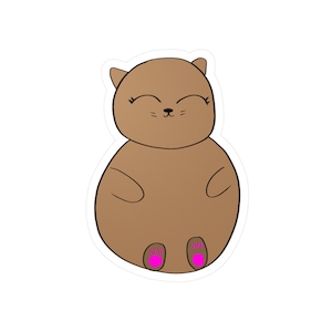 Puede incluir: Un gato de dibujos animados marrón con almohadillas rosas, sonriendo con los ojos cerrados.