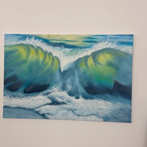 Vibrante dipinto di onde color smeraldo - Opera d'arte originale con paesaggio marino, grande tela, decorazione costiera moderna