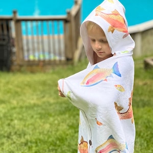 Kids handpainted fishing Hooded Towel, Fishing, Ocean Animals, Kids Towel, Beach Towel, Pool Towel, Hooded Bath Towel, Kid hooded Towel