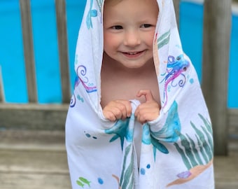 Kids Hooded Towel handpainted Ocean, Beach Towel, Sea animals Hooded Towel, Ocean Towel Design, Summer, Girl mom, Easter basket gift