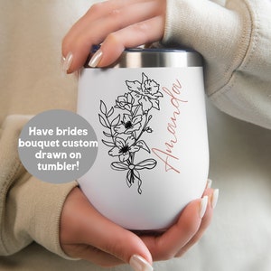 Personalized Tumbler With Name Gift For Bride Custom Wine Tumbler With Floral Design With Birth Flower Stainless Tumbler For Bridesmaid Gift