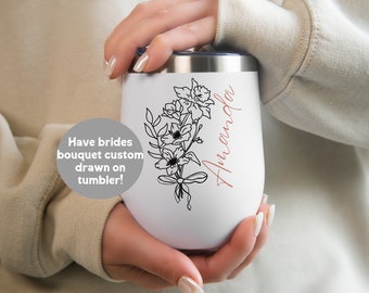 Personalized Tumbler With Name Gift For Bride Custom Wine Tumbler With Floral Design With Birth Flower Stainless Tumbler For Bridesmaid Gift