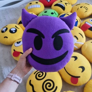 Purple devil emoji face pillow | Imp face emoji plushie | Smiling face with horns