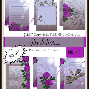 May include: Digital printable kit with a purple rose and dragonfly theme. The kit includes 8 printable images with a variety of designs, including a dragonfly pattern, a rose pattern, and a handwritten note paper design. The kit is titled "Absolution..." and costs $3.50.