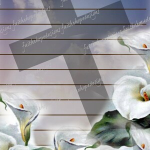 May include: A digital collage featuring a white cross with a blue sky and white clouds in the background. The cross is partially obscured by white calla lilies with green leaves.