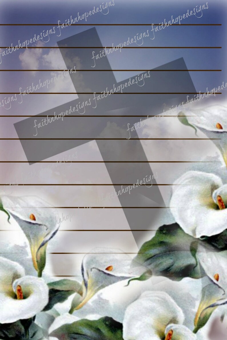 May include: A digital collage featuring a white cross with a blue sky and white clouds in the background. The cross is partially obscured by white calla lilies with green leaves.