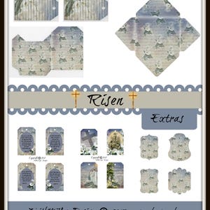May include: A set of printable digital papers featuring a vintage floral design with a blue and white color scheme. The papers include a variety of shapes and sizes, including tags, envelopes, and frames. The papers are perfect for creating cards, scrapbook pages, and other craft projects. The text "Risen" and "Extras" is included on the image.