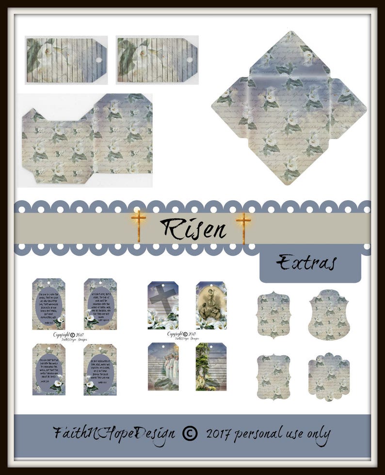May include: A set of printable digital papers featuring a vintage floral design with a blue and white color scheme. The papers include a variety of shapes and sizes, including tags, envelopes, and frames. The papers are perfect for creating cards, scrapbook pages, and other craft projects. The text "Risen" and "Extras" is included on the image.