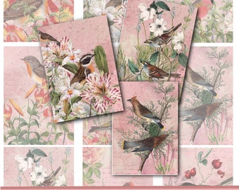 Printable ATC Collage sheet Labels Tags Scrapbooking Journal cards Ephemera Digital Flowers Birds Artist trading cards