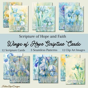 May include: Twelve watercolour illustrations of blue irises with inspirational scripture quotes about hope and faith. The images are perfect for creating cards, invitations, or other paper crafts.